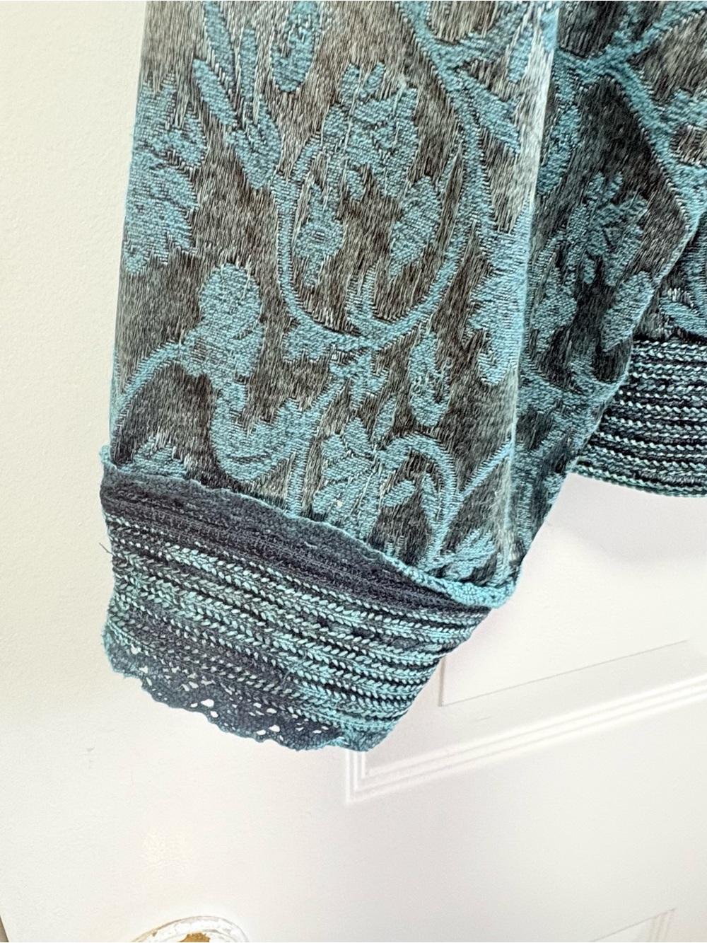 Vintage-Inspired Teal Brocade Jacket with Mandarin Collar Size XL - Picture 4 of 16